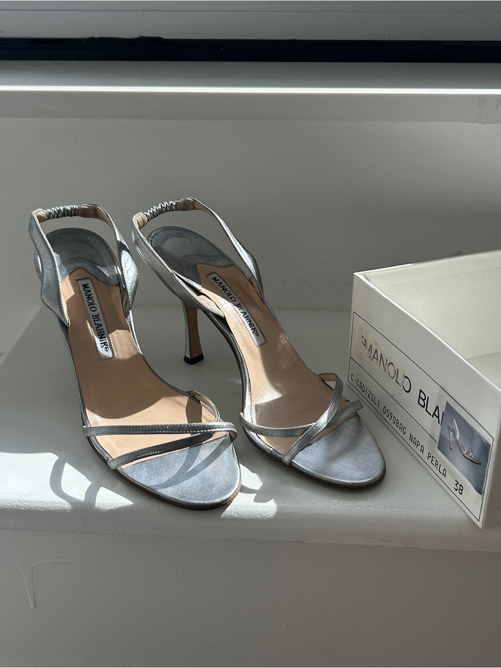 Manolo Blahnik Silver Metallic Strappy Slingback Heels